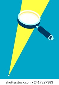 Magnifying glass icon in 3d flat style. Sunlight in search loupe on color background.  Business analytic illustration. Vector design object for you project 
