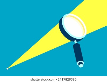 Magnifying glass icon in 3d flat style. Sunlight in search loupe on color background.  Business analytic illustration. Vector design object for you project 