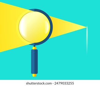 Magnifying glass icon in 3d flat style. Sunlight in search loupe on color background.  Business analytic illustration. Vector design object for you project 