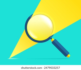 Magnifying glass icon in 3d flat style. Sunlight in search loupe on color background.  Business analytic illustration. Vector design object for you project 