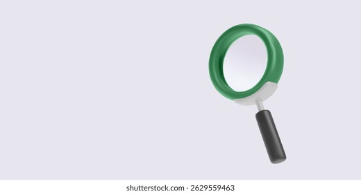 Magnifying Glass Icon, 3D Green Search Tool with Black Handle in Minimal Style. Perfect for Exploration, Zoom, or Research Concepts. Vector Illustration.