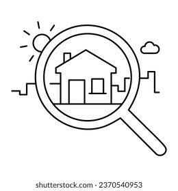 Magnifying Glass Icon Around a House with Neighborhood. Neighborhood Exploration, Home Search. The magnifying glass icon around a house signifies a quest for the perfect home.