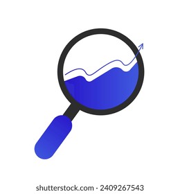 Magnifying glass icon with up arrow. Flat, blue, graph up inside magnifying glass icon. Vector icon