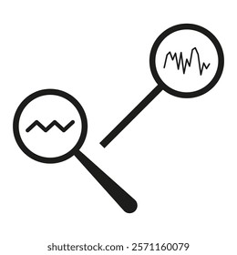 Magnifying glass icon. Black circular outline. Graph detail illustration. Vector search tool.