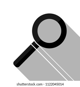 magnifying glass icon. Black object with long shadow on white background