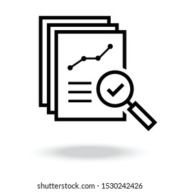 Magnifying glass icon, check assess sign, symbol of scrutiny plan in flat style, search documents icon, quality sign or success, paper label. Vector illustration for web site, mobile application.