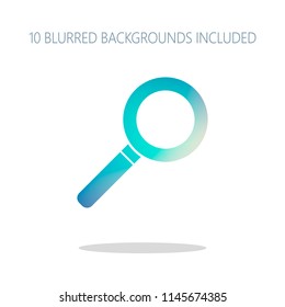 magnifying glass icon. Colorful logo concept with simple shadow on white. 10 different blurred backgrounds included