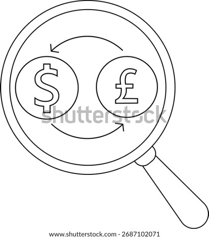 magnifying glass icon and icon to convert US dollar coins to Pound Sterling coins.with black lines