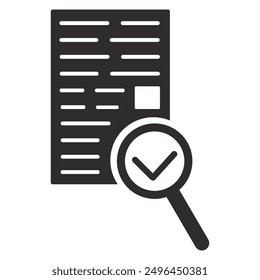 magnifying glass icon, document check symbol, flat vector illustration on white background