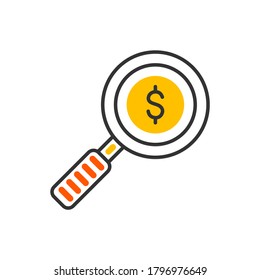 Magnifying glass icon. Dollar search icon. Vector color icon.