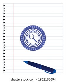 magnifying glass icon drawn with pen strokes. Blue ink. Vector Illustration. Detailed. 