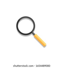 Magnifying glass icon in flat design looking for something. Yellow loupe with glass lens to search or zoom. Modern isolated magnifier lo find or focus. Lupe tool to research. Vector EPS 10