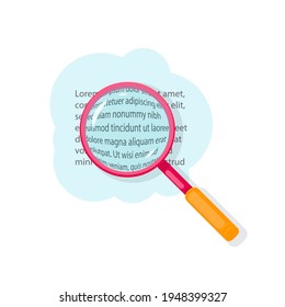 Magnifying glass icon in flat design style looking for something. Yellow loupe with glass lens to search or zoom. Modern isolated magnifier lo find or focus. Lupe tool to research. Vector EPS 10