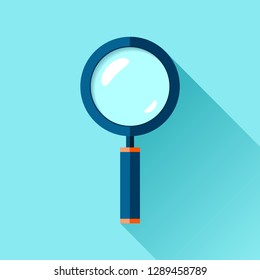 Magnifying glass icon in flat style. Search loupe on color background. Vector design object for you business project 
