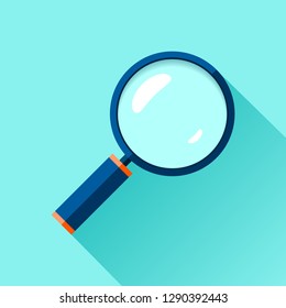 Magnifying glass icon in flat style. Search loupe on color background. Vector design object for you business project 