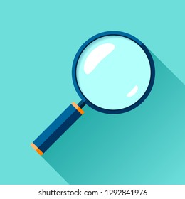 Magnifying glass icon in flat style. Search loupe on color background. Vector design object for you business project 