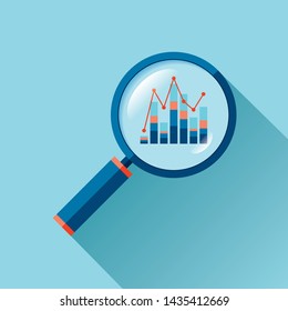 Magnifying glass icon in flat style. Search loupe on color background. Business analytic charts illustration. Vector design object for you project 