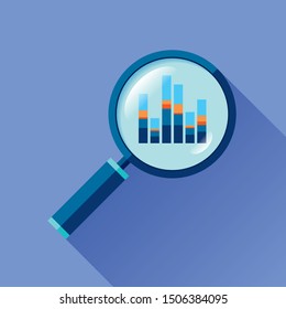 Magnifying glass icon in flat style. Search loupe on color background. Business analytic charts illustration. Vector design object for you project 