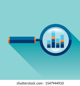 Magnifying glass icon in flat style. Search loupe on color background. Business analytic charts illustration. Vector design object for you project 