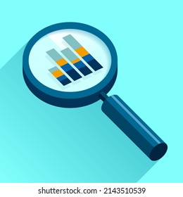 Magnifying glass icon in flat style. Search loupe and diagrams on color background. Business analytic illustration. Vector design object for you project 