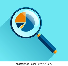 Magnifying glass icon in flat style. Search loupe and diagrams on color background. Zoom progress chart. Business analytic illustration. Vector design object for you project 