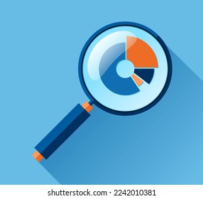 Magnifying glass icon in flat style. Search loupe and diagrams on color background. Zoom progress chart. Business analytic illustration. Vector design object for you project 