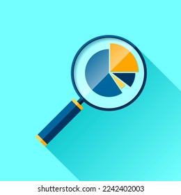 Magnifying glass icon in flat style. Search loupe and diagrams on color background. Zoom progress chart. Business analytic illustration. Vector design object for you project 