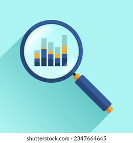 Magnifying glass icon in flat style. Search loupe on color background. Business analytic illustration. Vector design object for you project 