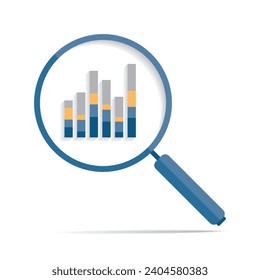 Magnifying glass icon in flat style. Search loupe and diagrams on color background. Zoom progress chart. Business analytic illustration. Vector design