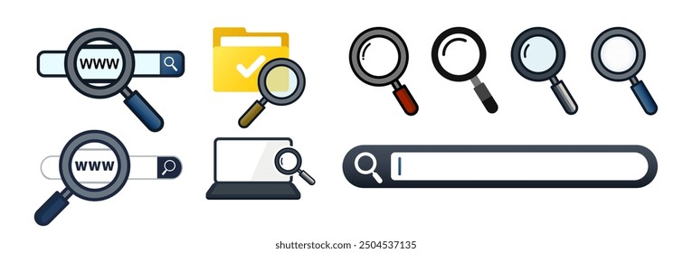 Magnifying glass icon in flat style. Search icon. Set of loupe icon vector