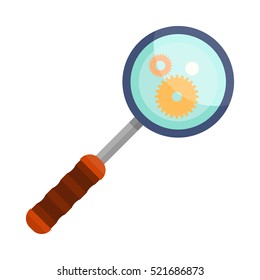Magnifying glass icon focused on gear elements. Loupe with blue glass and wooden handle. Search tool. Research tool. Business concept. Flat pictogram symbol. Isolated vector illustration on white