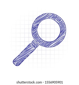 magnifying glass icon. Hand drawn sketched picture with scribble fill. Blue ink. Doodle on white background