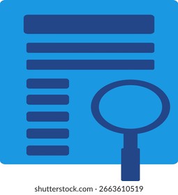 The magnifying glass icon highlighting a document can also be interpreted as an in-depth analysis of a report, data, or information.