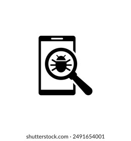 A magnifying glass icon hovers over a smartphone, symbolizing a security scan or antivirus check on a mobile device to detect potential malware or vulnerabilities