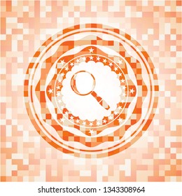 magnifying glass icon inside abstract emblem, orange mosaic background