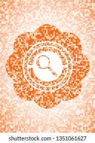 magnifying glass icon inside abstract orange mosaic emblem with background