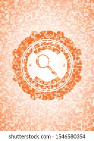 magnifying glass icon inside abstract emblem, orange mosaic background