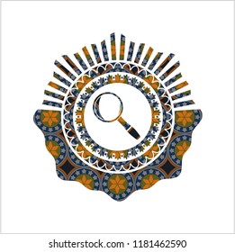 magnifying glass icon inside arabesque emblem background. arabic decoration.