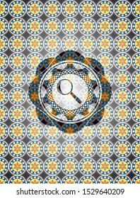 magnifying glass icon inside arabesque style badge. arabic decoration.