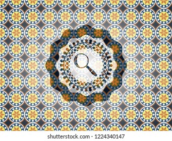 magnifying glass icon inside arabic badge background. Arabesque decoration.