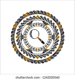 magnifying glass icon inside arabic style emblem. Arabesque decoration.