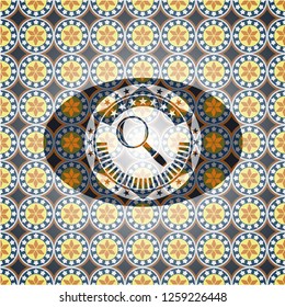 magnifying glass icon inside arabic emblem background. Arabesque decoration.