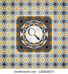 magnifying glass icon inside arabic badge background. Arabesque decoration.