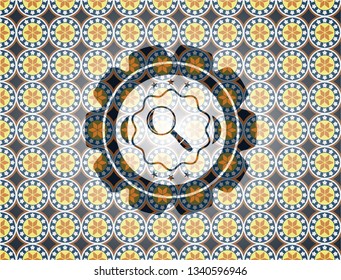 magnifying glass icon inside arabic style badge. Arabesque decoration.