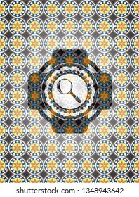 magnifying glass icon inside arabic style badge. Arabesque decoration.