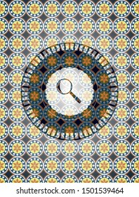 magnifying glass icon inside arabic badge background. Arabesque decoration.