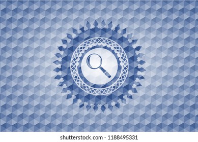 magnifying glass icon inside blue emblem with geometric background.
