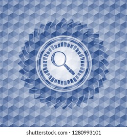 magnifying glass icon inside blue emblem or badge with abstract geometric pattern background.