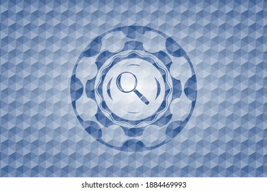 magnifying glass icon inside blue emblem or badge with geometric pattern background. 