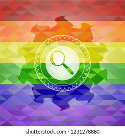 magnifying glass icon inside emblem on mosaic background with the colors of the LGBT flag